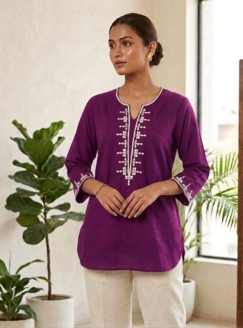 RICH LOOK VATICAN EMBROIDERY  WROK SHORT KURTI WINE