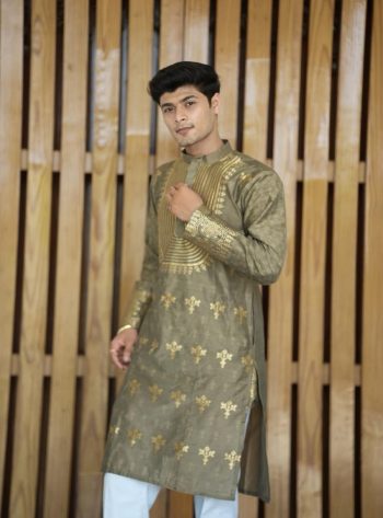 TRADITIONAL SILK WOVEN ELEPHANT & FLORAL MOTIF WORK MEN'S KURTA PAYJAMA MINTH