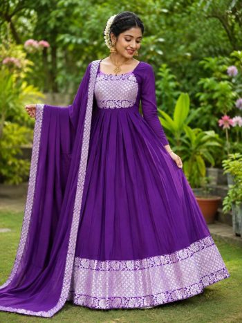 TRADITIONAL VICHITRA SILK BROCADE BORDER WORK GOWN WITH DUPATTA PURPLE