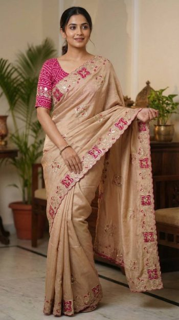 TRENDING PREMIUM CHINON ZARI EMBROIDERY SEQUENCE  BANDHANI PRINT  WORK SAREE WITH BLOUSE CREAM AND RANI