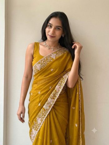 ATTRACTIVE PURE STAR GEORGETTE EMBROIDERY, SEQUENCES AND CUT WORK BORDER SAREE WITH UNSTITCHED BLOUSE YELLOW