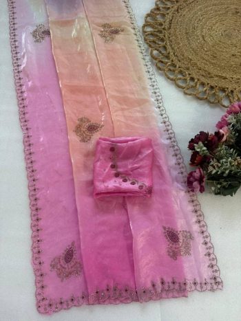 BOLLYWOOD PURE FENDY SATIN DIGITAL PRINTS AND JARKAN DIAMOND WORK SAREE WITH UNSTITCHED BLOUSE PINK