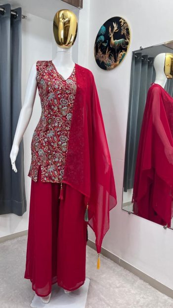DESIGNER GEORGETTE EMBROIDERY SEQUENCE WORK TOP PALAZZO WITH DUPATTA MAROON