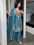 DESIGNER NC MOSS EMBROIDERY SEQUENCE WORK TOP PALAZZO WITH DUPATTA SKY