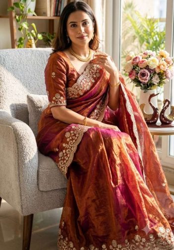 DESIGNER TWO TONE SPACE SILK SEQUANCE AND ZARI EMBROIDERY WORK SAREE WITH STITCHED BLOUSE RUST