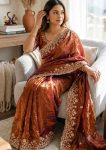 3DESIGNER TWO TONE SPACE SILK SEQUANCE AND ZARI EMBROIDERY WORK SAREE WITH STITCHED BLOUSE WEDDING WEAR WHOLESALE PRICE ETHNIC GARMENT (17)