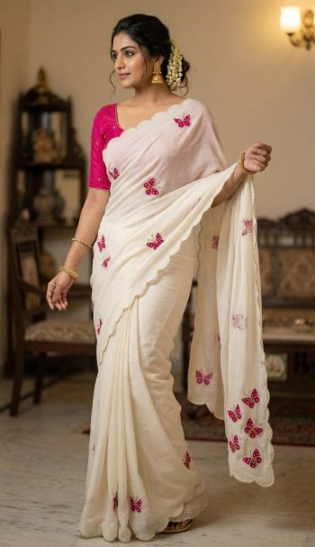ELEGANCE PREMIUM CHINON SILK  BEAUTIFUL ELEGANCE KHATLI WORK SAREE WITH UNSTITCHED BLOUSE OFF WHITE AND RANI