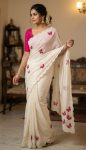 ELEGANCE PREMIUM CHINON SILK  BEAUTIFUL ELEGANCE KHATLI WORK SAREE WITH UNSTITCHED BLOUSE OFF WHITE AND RANI