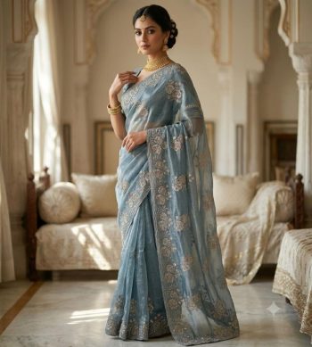 FABULOUSE PURE FENDY SATIN BEADS EMBROIDERY WITH SEQUENCES AND CUT WORK BORDER SAREE WITH UNSTITCHED BLOUSE SKY