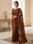 LATEST PREMIUM SPACE SILK MULTI EMBROIDERY AND BEADS WORK OF FLOWER  SAREE WITH UNSTITCHED BLOUSE CHIKU