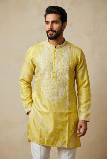 LUXURY SHIMMER SILK EMBROIDERY SEQUENCE WORK KURTA PAYJAMA LEMON