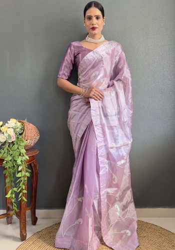 MODERN BURBERRY SILK EMBROIDERY SEQUENCE & SWAROVSKI WORK READY TO WEAR SAREE WITH UNSTITCHED BLOUSE LAVENDER