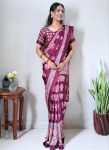 MODERN CREPE SILK PRINTED WITH REAL MIRROR WORK GOWN SAREE WINE
