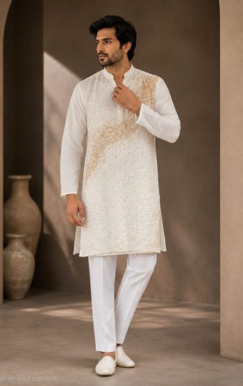 MODERN CRUNCHY  FINE BEADS WORK & DETAILED EMBROIDERY MEN'S KURTA PAYJAMA SET OFF WHITE