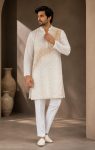 MODERN CRUNCHY  FINE BEADS WORK & DETAILED EMBROIDERY MEN'S KURTA PAYJAMA SET OFF WHITE