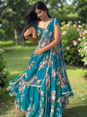 MODERN GEORGETTE DIGITAL PRINT WITH  LACE BORDER WORK LEHENGA SAREE WITH BLOUSE AND ATTACHED DUPATTA RAMA