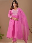 MODERN MUL CHANDERI FLORAL THREAD EMBROIDERY WORK TOP BOTTOM WITH DUPATTA BABY PINK