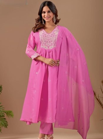 MODERN MUL CHANDERI FLORAL THREAD EMBROIDERY WORK TOP BOTTOM WITH DUPATTA BABY PINK
