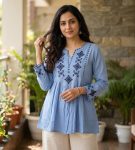 MODERN RAYON 17 KG CROSS-STITCH EMBROIDERY WORK TUNIC TOP BLUE