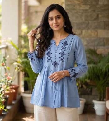 MODERN RAYON 17 KG CROSS-STITCH EMBROIDERY WORK TUNIC TOP BLUE