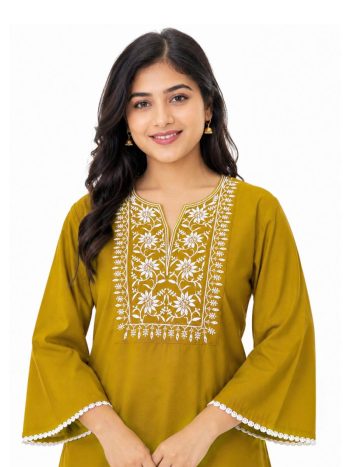 MODERN RAYON SLUB EMBROIDERY WORK SHORT KURTI YELLOW