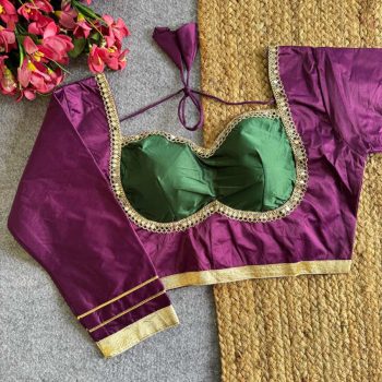 MODERN SATIN SILK FANCY LACE WORK STITCHED BLOUSE  WINE AND GREEN