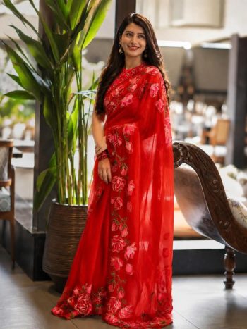 MODERN TABBY SILK FLOWER DIGITAL PRINT WITH CUTDANA & PERAL HANDWORK SAREE WITH UNSTITCHED BLOUSE RED