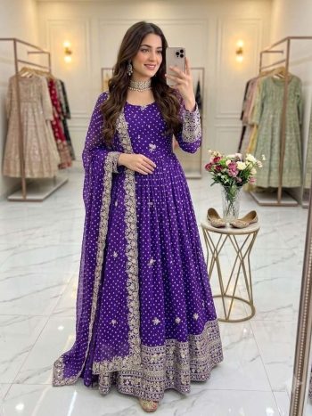 MOST PICKED PURE BANDHANI PRINT  EMBROIDERY 5MM SEQUENCE WORK WITH SLEEVES GOWN BOTTOM WITH DUPATTA PURPLE