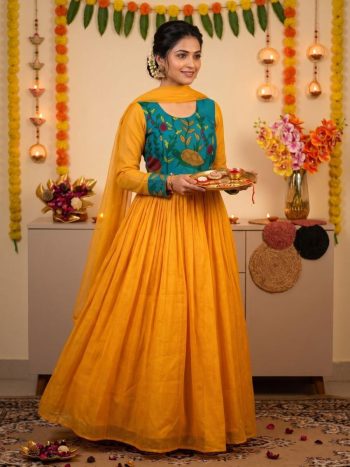 MOST PICKED SOFT KOTA CHECKS KALAMKARI PRINTED GOWN WITH DUPATTA YELLOW