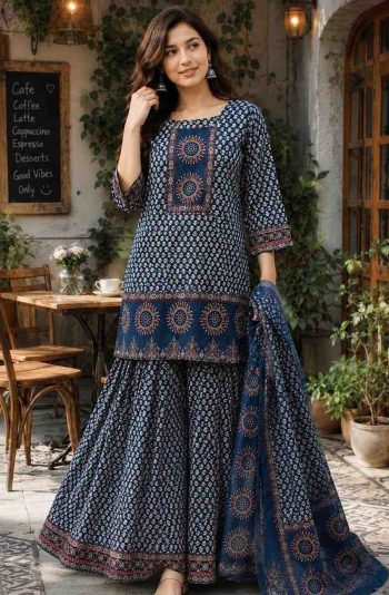 RICH LOOK COTTON DIGITAL PRINT WITH HANDWORK TOP SHARARA WITH DUPATTA TEAL