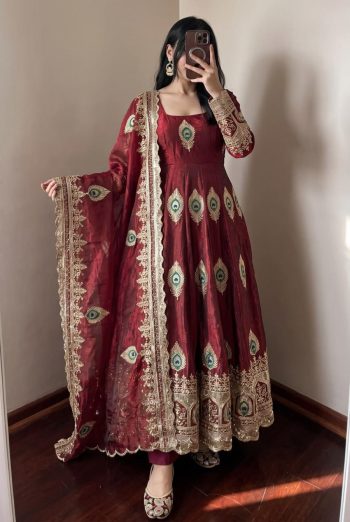 RICH LOOK FENDY SILK EMBROIDERY THREAD & ZARI SEQUENCE WORK GOWN BOTTOM WITH DUPATTA MAROON