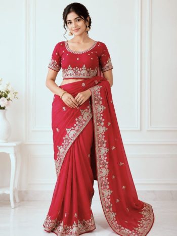 RICH LOOK STAR GEORGETTE EMBROIDERY  WITH SEQUENCES WORK SAREE WITH UNSTITCHED BLOUSE RANI