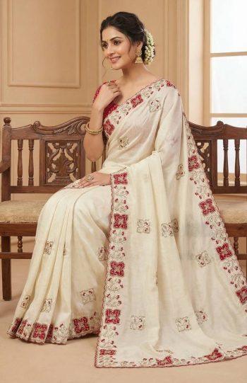 TRENDING PREMIUM CHINON ZARI EMBROIDERY SEQUENCE  BANDHANI PRINT  WORK SAREE WITH BLOUSE OFF WHITE AND RANI