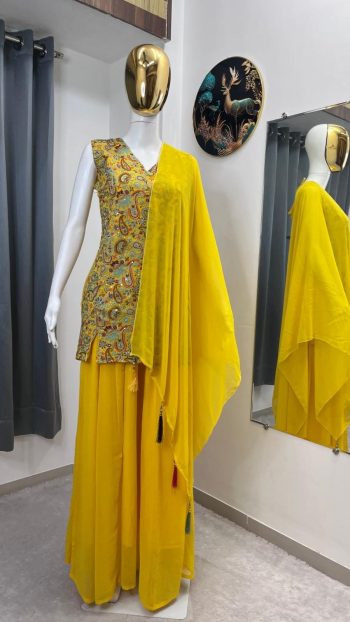 DESIGNER GEORGETTE EMBROIDERY SEQUENCE WORK TOP PALAZZO WITH DUPATTA YELLOW