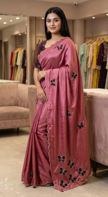 ELEGANCE PREMIUM CHINON SILK  BEAUTIFUL ELEGANCE KHATLI WORK SAREE WITH UNSTITCHED BLOUSE PINK AND RED