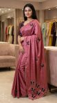 ELEGANCE PREMIUM CHINON SILK  BEAUTIFUL ELEGANCE KHATLI WORK SAREE WITH UNSTITCHED BLOUSE PINK AND RED