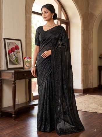 LATEST PREMIUM SPACE SILK MULTI EMBROIDERY AND BEADS WORK OF FLOWER  SAREE WITH UNSTITCHED BLOUSE BLACK