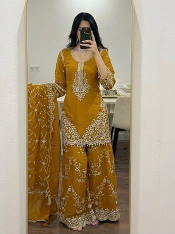MOST PICKED GEORGETTE HEAVY EMBROIDERY SEQUENCE WORK  TOP PALAZZO WITH DUPATTA YELLOW