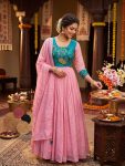 MOST PICKED SOFT KOTA CHECKS KALAMKARI PRINTED GOWN WITH DUPATTA BABY PINK