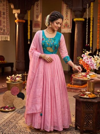 MOST PICKED SOFT KOTA CHECKS KALAMKARI PRINTED GOWN WITH DUPATTA BABY PINK
