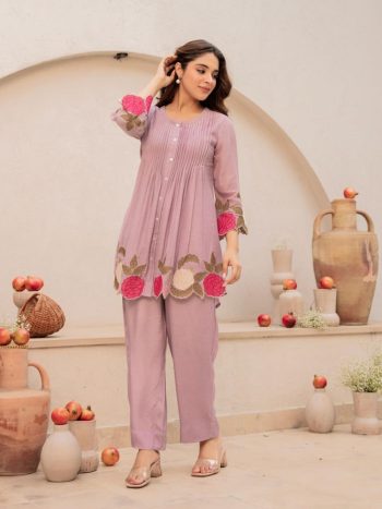 NEW ARRIVAL CHANDERI SILK EMBROIDERED WORK CO-ORD SET LAVENDER