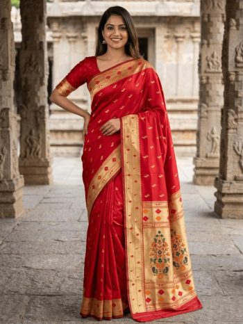 NEW ARRIVAL PAITHANI SILK ZARI WEAVING WORK SAREE WITH UNSTITCHED BLOUSE RED