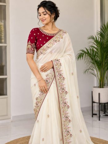 RICH LOOK STAR GEORGETTE EMBROIDERY  WITH SEQUENCES WORK SAREE WITH UNSTITCHED BLOUSE WHITE AND RED