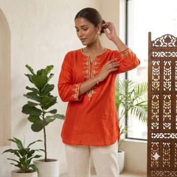 RICH LOOK VATICAN EMBROIDERY  WROK SHORT KURTI ORANGE