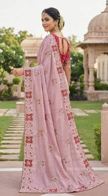 TRENDING PREMIUM CHINON ZARI EMBROIDERY SEQUENCE  BANDHANI PRINT  WORK SAREE WITH BLOUSE BABY PINK AND RANI