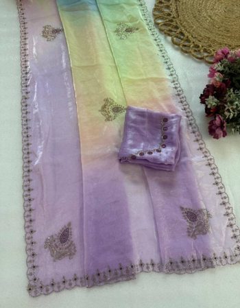 BOLLYWOOD PURE FENDY SATIN DIGITAL PRINTS AND JARKAN DIAMOND WORK SAREE WITH UNSTITCHED BLOUSE LAVENDER  AND PARROT GREEN