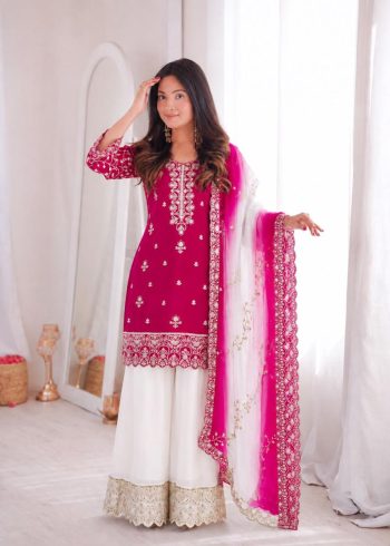 DESIGNER NATURAL SILK EMBROIDERY AND SEQUENCE WORK TOP PALAZZO WITH DUPATTA WHITE AND PINK