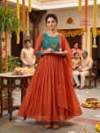 MOST PICKED SOFT KOTA CHECKS KALAMKARI PRINTED GOWN WITH DUPATTA ORANGE