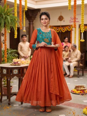 MOST PICKED SOFT KOTA CHECKS KALAMKARI PRINTED GOWN WITH DUPATTA ORANGE
