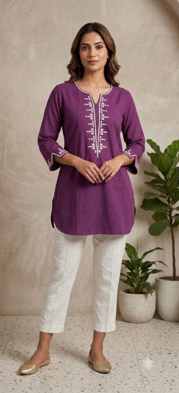 RICH LOOK VATICAN EMBROIDERY  WROK SHORT KURTI PURPLE